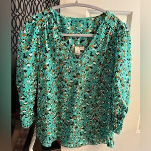NWOT Joie Green Teal Blue Paint Slatter V-Neck Blouse‎ Top 3/4 Sleeves Ruched S